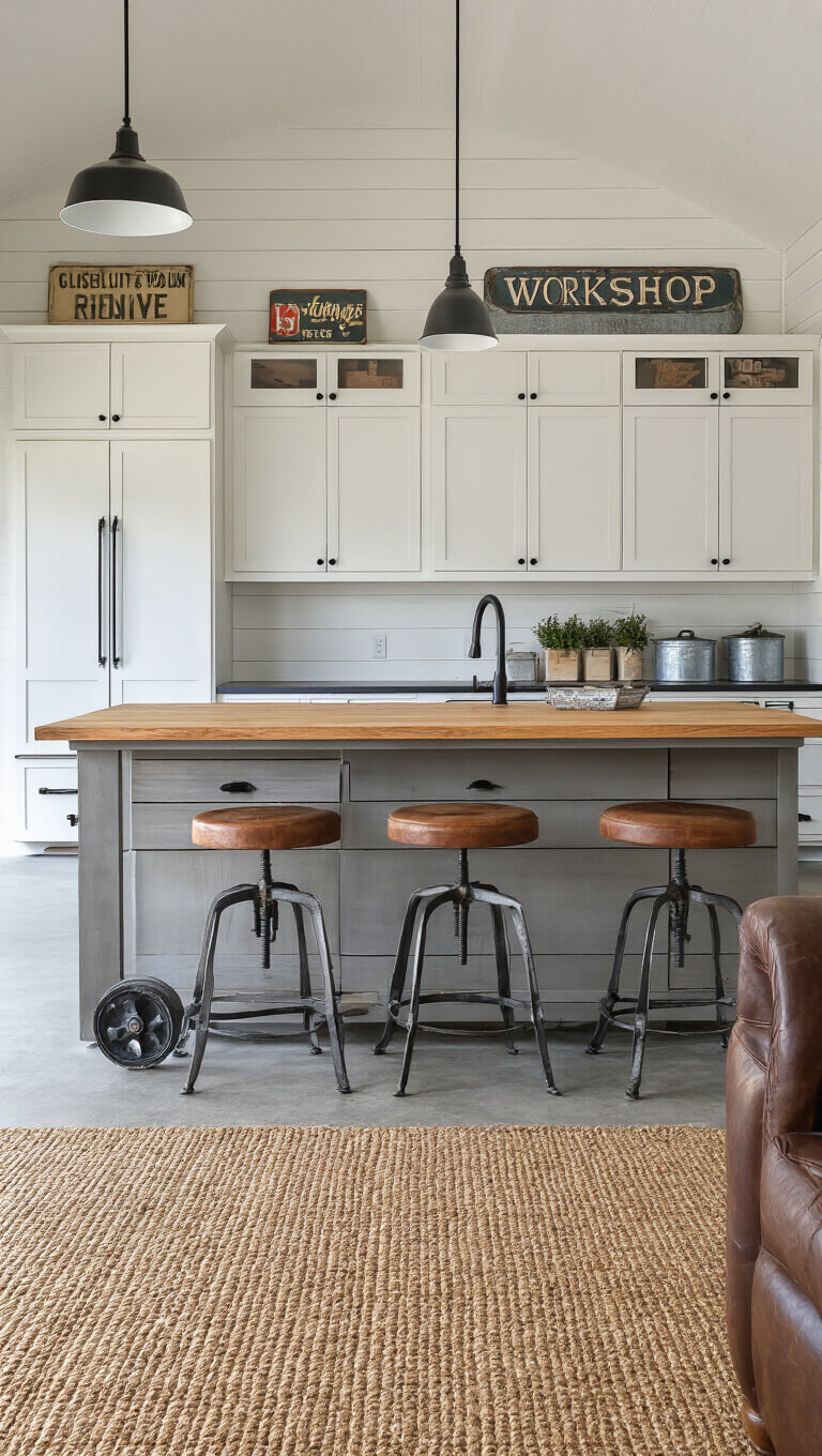 Modern farmhouse garage workspace with white built-in storage wall, butcher block island on casters, vintage signs, and leather stools on a jute rug.