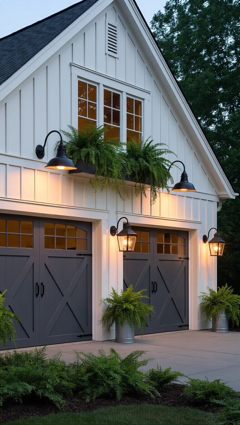 Dramatic dusk view of symmetrical garage with charcoal gray carriage doors, creamy white board-and-batten siding, gooseneck barn lights, overflowing window boxes, and vintage milk can planters.