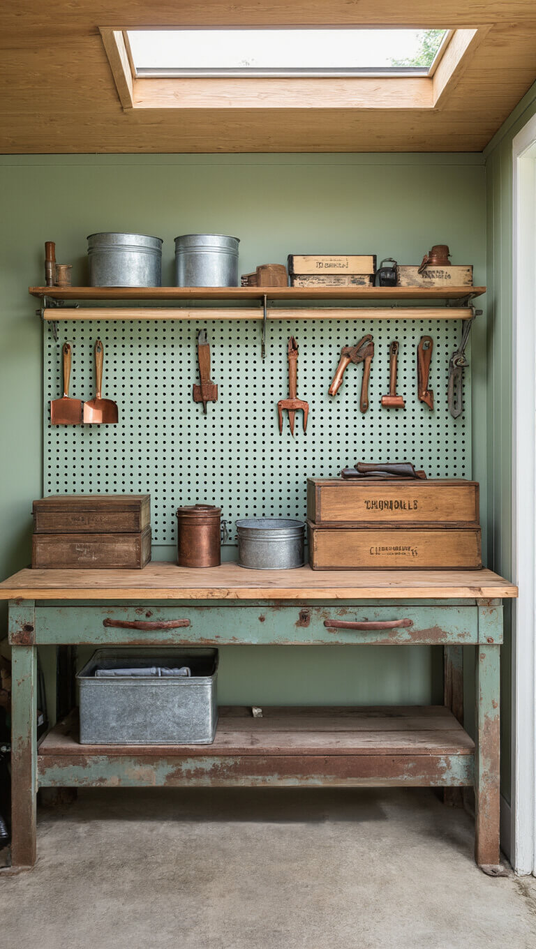 Organized sage green pegboard wall with vintage toolboxes, copper garden tools, and weathered workbench in natural midday light.