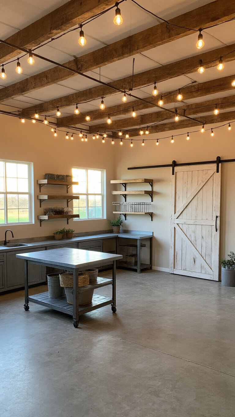 Cozy garage interior at sunset with string lights, industrial shelving, potting station, and sliding barn door.