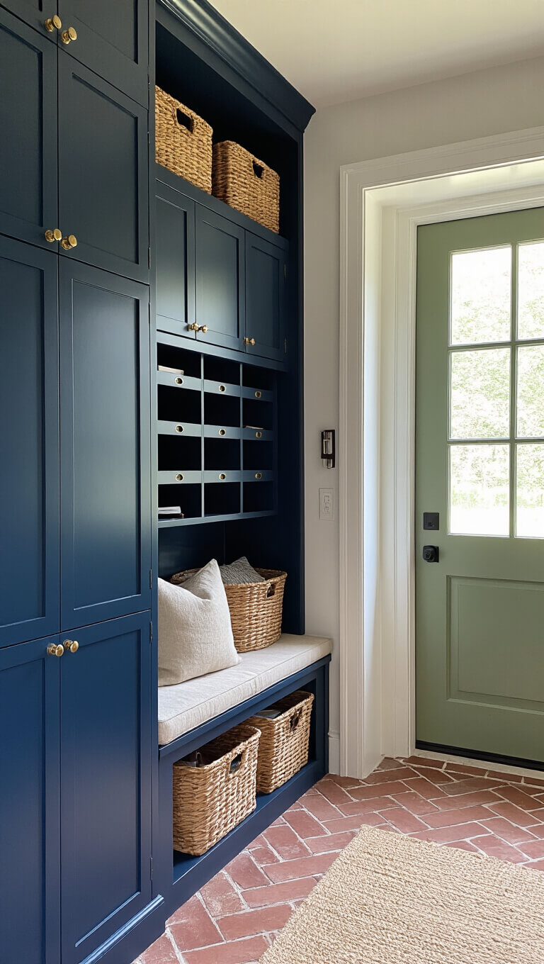 Eye-level shot of organized garage entryway with navy blue lockers, brass hardware, herringbone brick floor, sage green Dutch door, vintage mail sorter, woven baskets, and linen cushions.