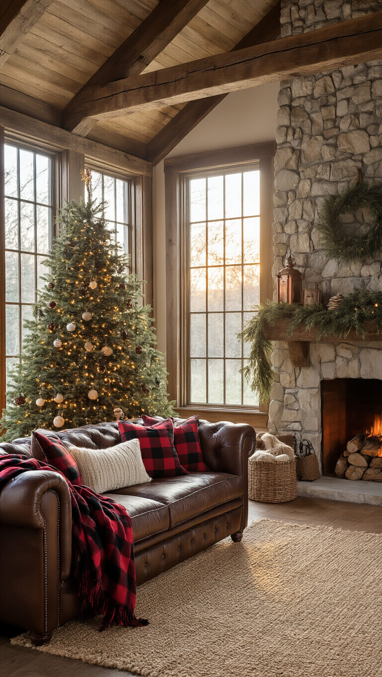 Rustic living room at golden hour with Christmas tree, leather Chesterfield sofa, stone fireplace, and warm natural decor.
