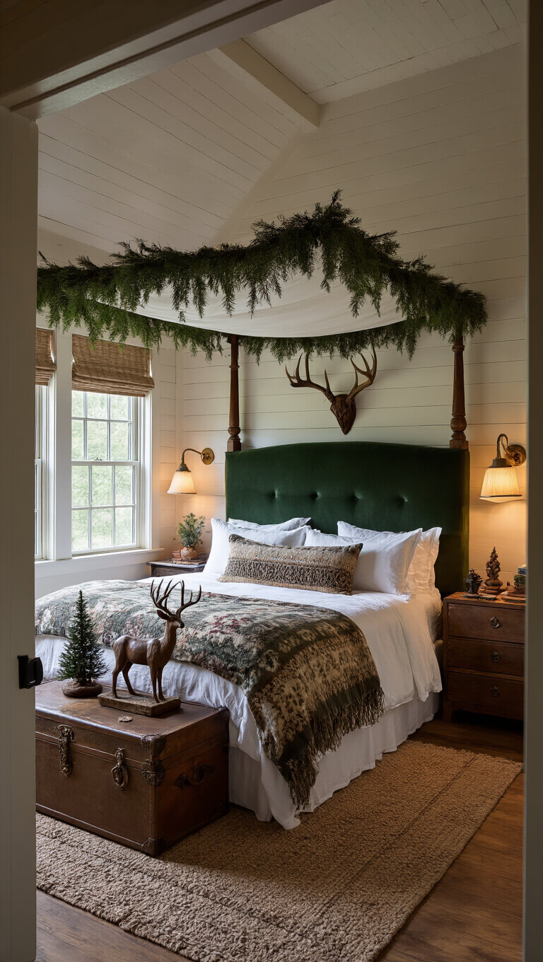Cozy cabin bedroom at dusk with forest green velvet four-poster bed, wool blankets, antique brass lamps, and rustic woodland decor.