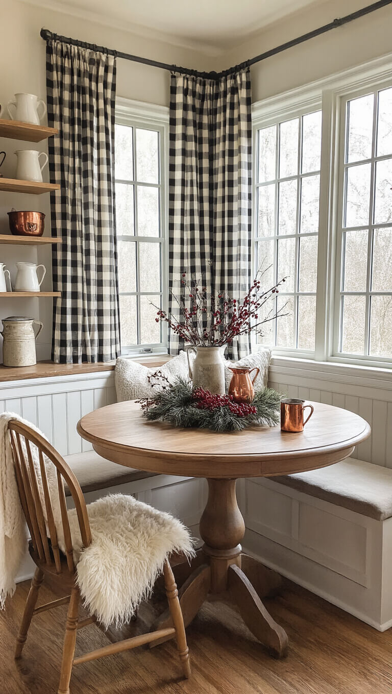 Cozy breakfast nook with round farmhouse table, pine and berry centerpiece, Windsor chairs with sheepskin throws, corner windows with buffalo check curtains, and open shelves holding ironstone pitchers and copper mugs.