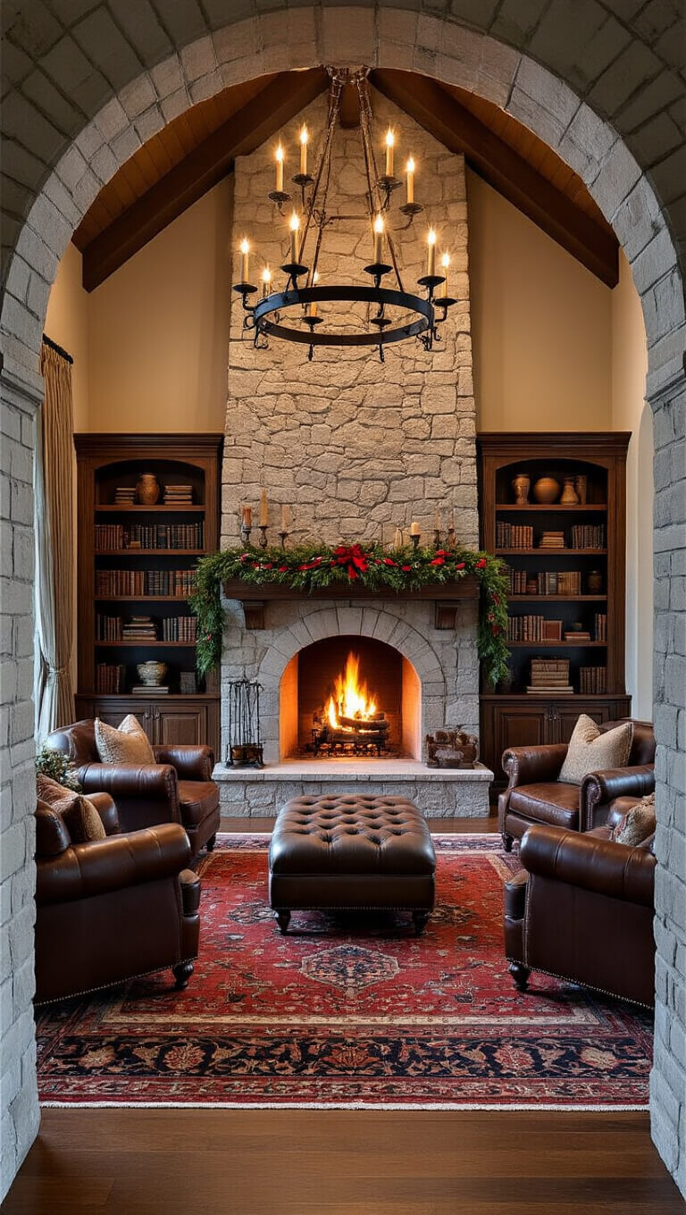 Twilight great room with stone fireplace aglow, seen through archway; leather chairs and tufted ottoman on Persian rug, iron chandelier above, bookshelves with vintage decor, and garland-draped mantle.