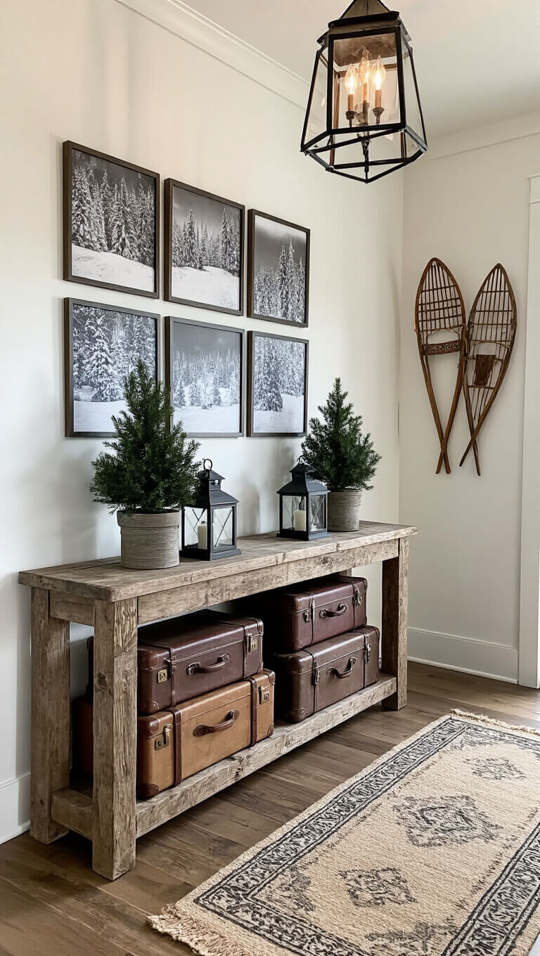 Rustic 10x12ft entryway viewed from above, featuring reclaimed wood console table with vintage decor, gallery wall of black and white winter photos, antique skis and snowshoes, layered rugs, and iron pendant light casting shadows.