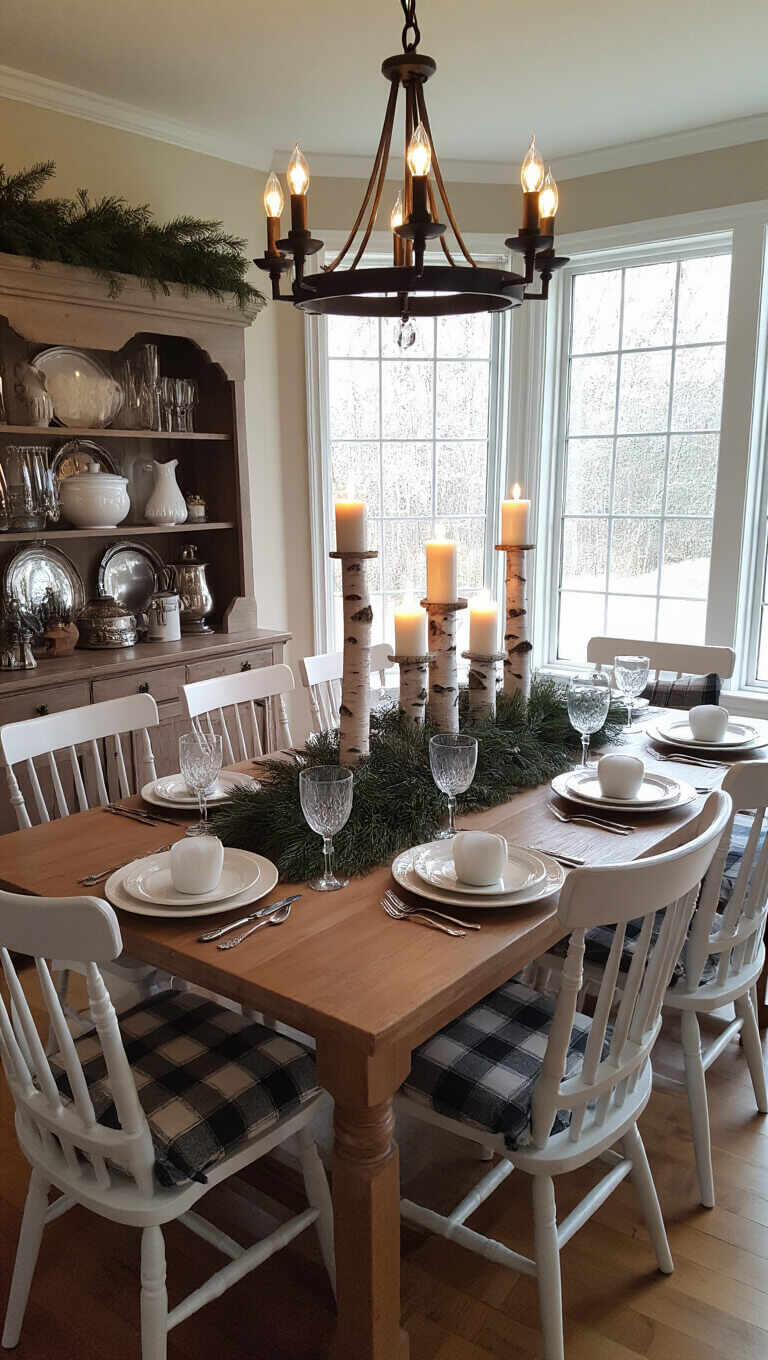 Candlelit 12x14ft dining room with a farm table set for eight, white stoneware, vintage silverware, crystal stemware, and a birch and pine centerpiece; Windsor chairs with plaid cushions, dim iron chandelier, and a sideboard with silver serving pieces.