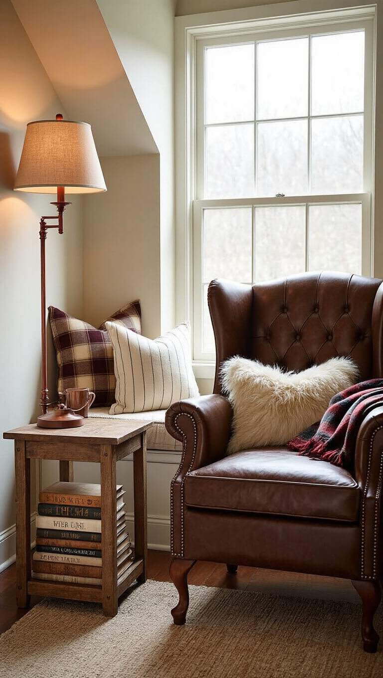 Cozy 8x10ft dormer window reading nook with leather wingback chair, rustic side table, vintage winter books, copper floor lamp, plaid throw, faux fur pillow, and cream ticking stripe window seat cushion with storage.