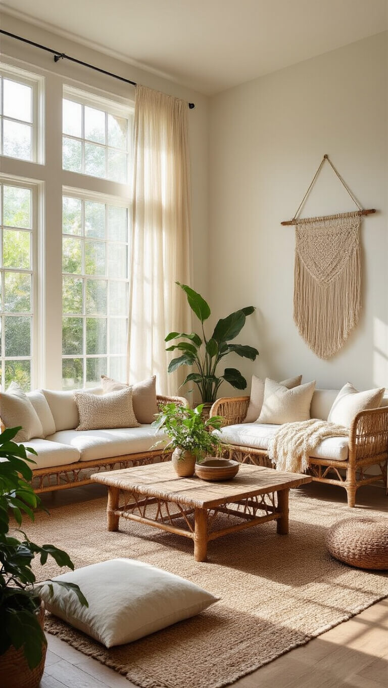 Sunlit living room with rattan sofa, vintage coffee table, layered rugs, and potted plants, viewed from corner with soft mid-morning light.