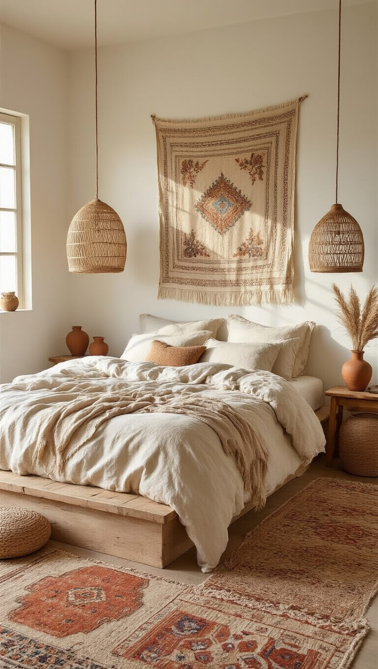 Cozy 12x14ft bedroom with golden hour light, oatmeal linen bedding, rattan pendant lights, terracotta and blue tapestry, pampas-filled ceramics, vintage Moroccan rugs, and warm wooden accents.
