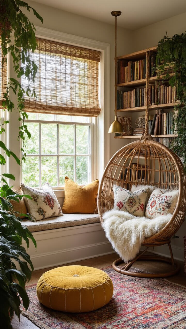 Cozy bay window reading nook with rattan egg chair, layered kilim rugs, mustard pouf, bookshelves, brass lamp, and plants in warm afternoon light.