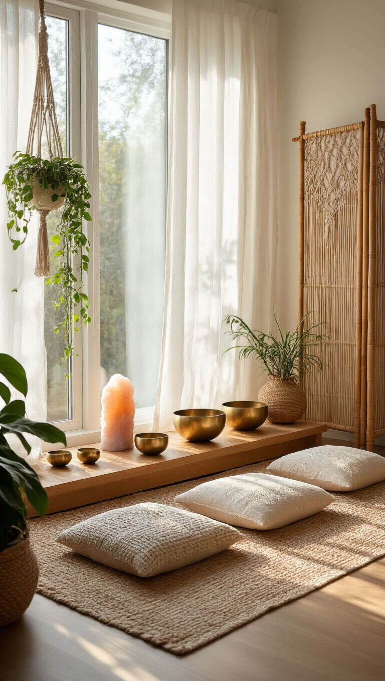 Minimalist meditation corner with floor cushions, teak table holding singing bowls and crystals, salt lamp glow, and spider plants hanging by gauzy curtained windows.