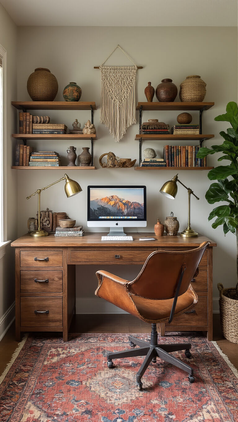 Bohemian 14x16ft home office with vintage desk, butterfly chair, layered rugs, built-in shelves of global artifacts, and diffused afternoon light.