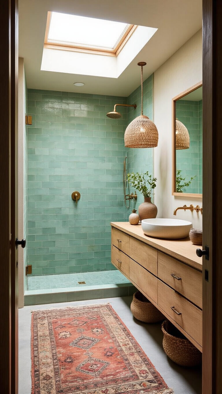 Spa-inspired 12x14ft bathroom with sage green Zellige tile shower, floating wood vanity, brass fixtures, skylight, vintage rug, and eucalyptus accents.