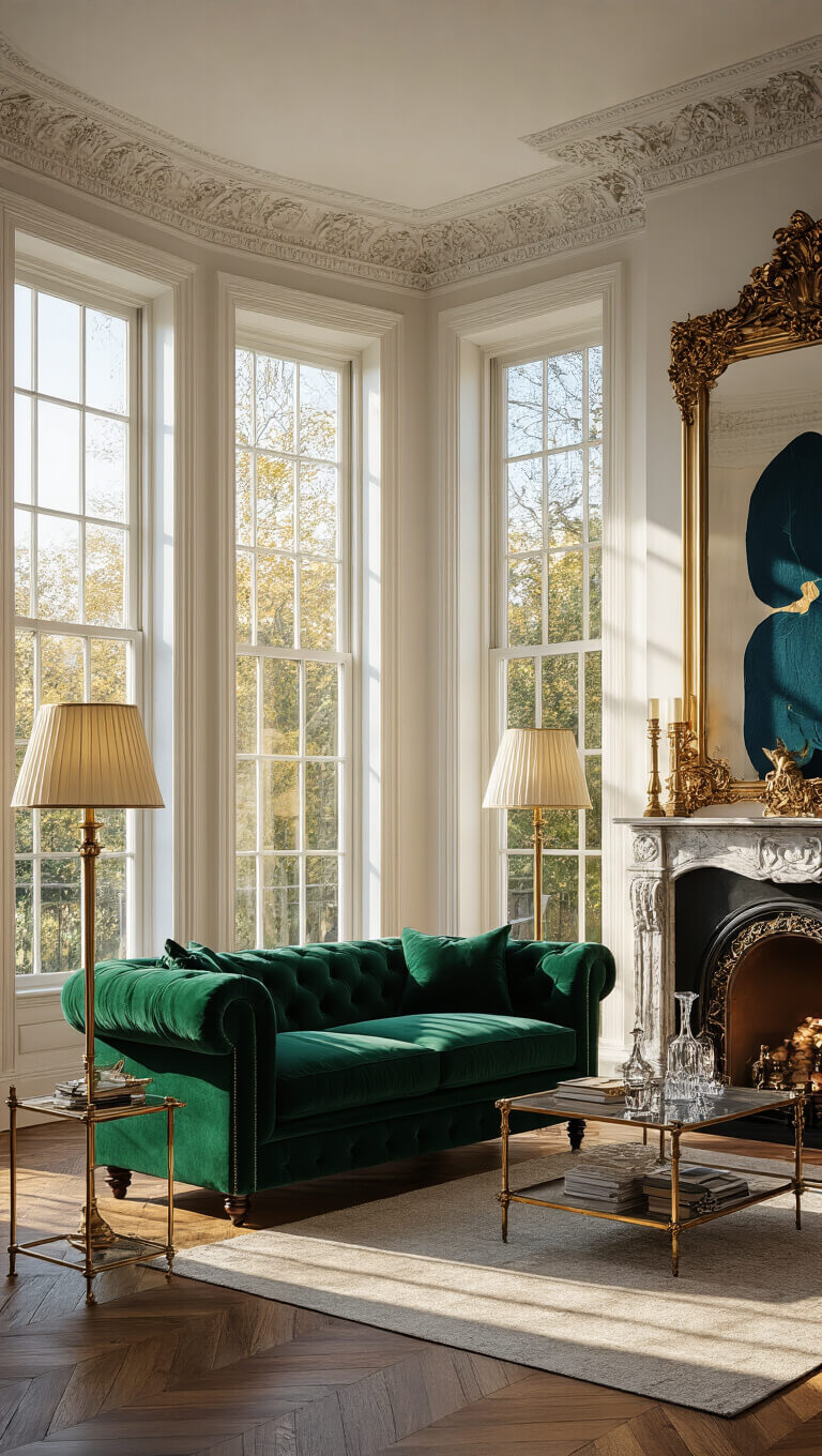 Victorian living room with emerald velvet sofa, gilded mirror above marble fireplace, sunlight through bay windows, and warm, elegant decor.