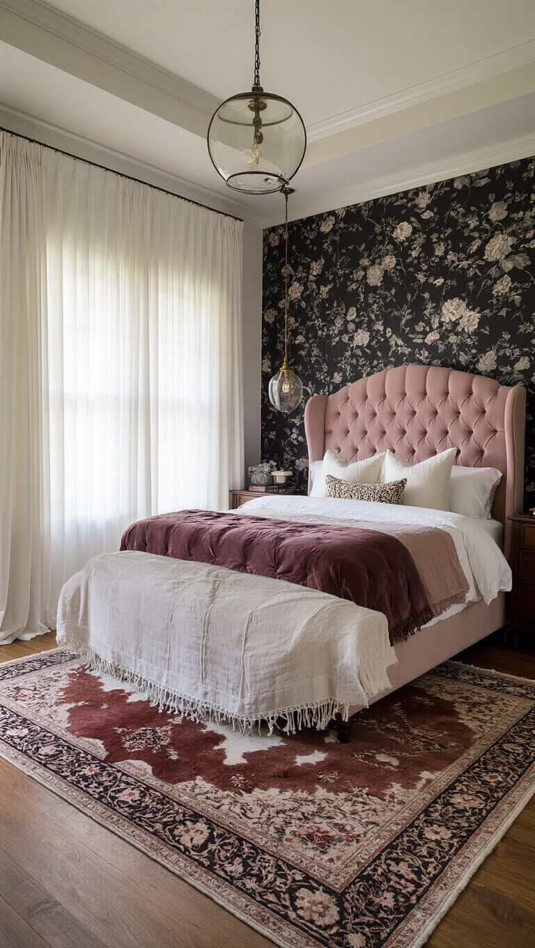 Romantic master bedroom at dawn with dusty rose tufted headboard, Victorian dresser, layered rugs, and black floral accent wall.