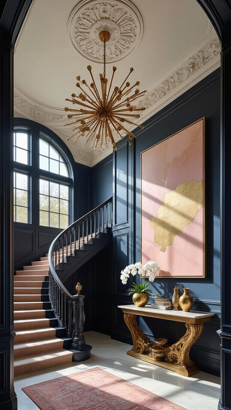 View from above of a grand foyer with a sweeping staircase, ornate plaster ceiling, modern brass chandelier, navy wainscoting, abstract blush and gold art, marble console with orchids, and jewel-toned runner.