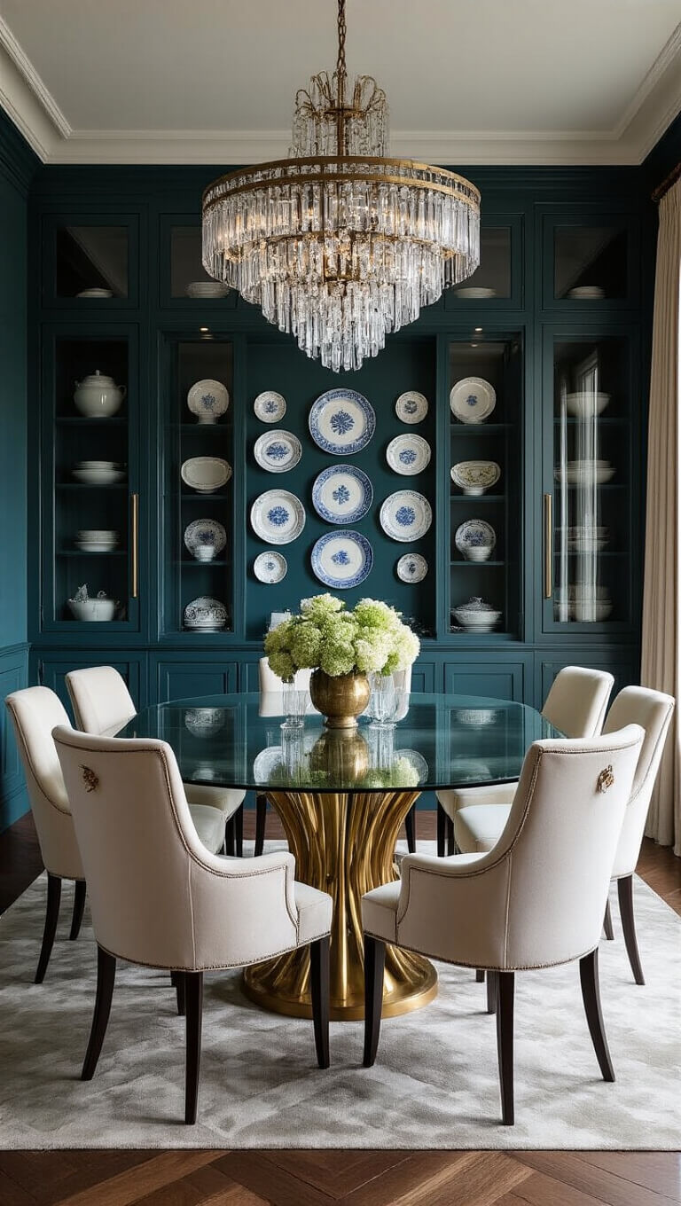 Elegant formal dining room at dusk with prismatic chandelier light, modern glass table, Victorian cream velvet chairs, vintage china in built-in cabinets, ceramic plate art on dark teal walls, and silk drapes on herringbone floor.