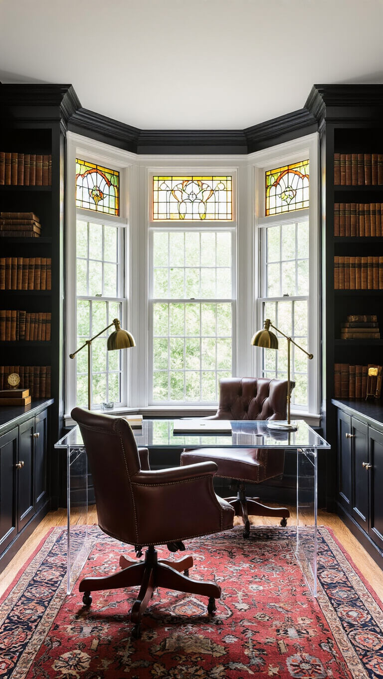 Victorian parlor home office with stained glass bay window casting rainbow light, modern acrylic desk, antique leather chair, black bookshelves with leather books and brass decor, Persian rug, and nickel task lighting.