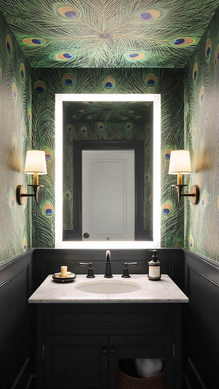 Luxurious midnight powder room with peacock feather ceiling, floating LED mirror, antique marble washstand with matte black fixtures, mercury glass accents, and moody aged brass sconces.