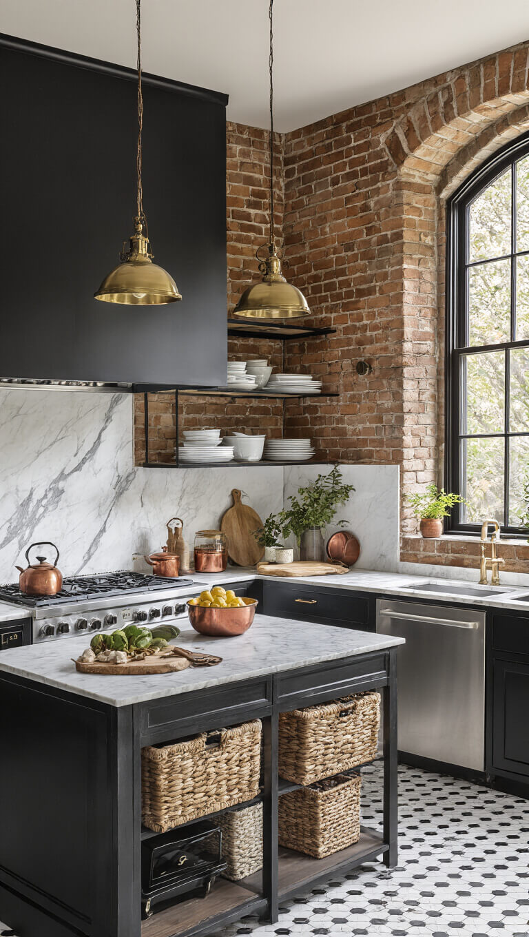 Victorian-modern kitchen with exposed brick wall, matte black cabinets, marble island, brass pendant lights, copper cookware on open shelves, and black-and-white hex tile floor in warm morning light.