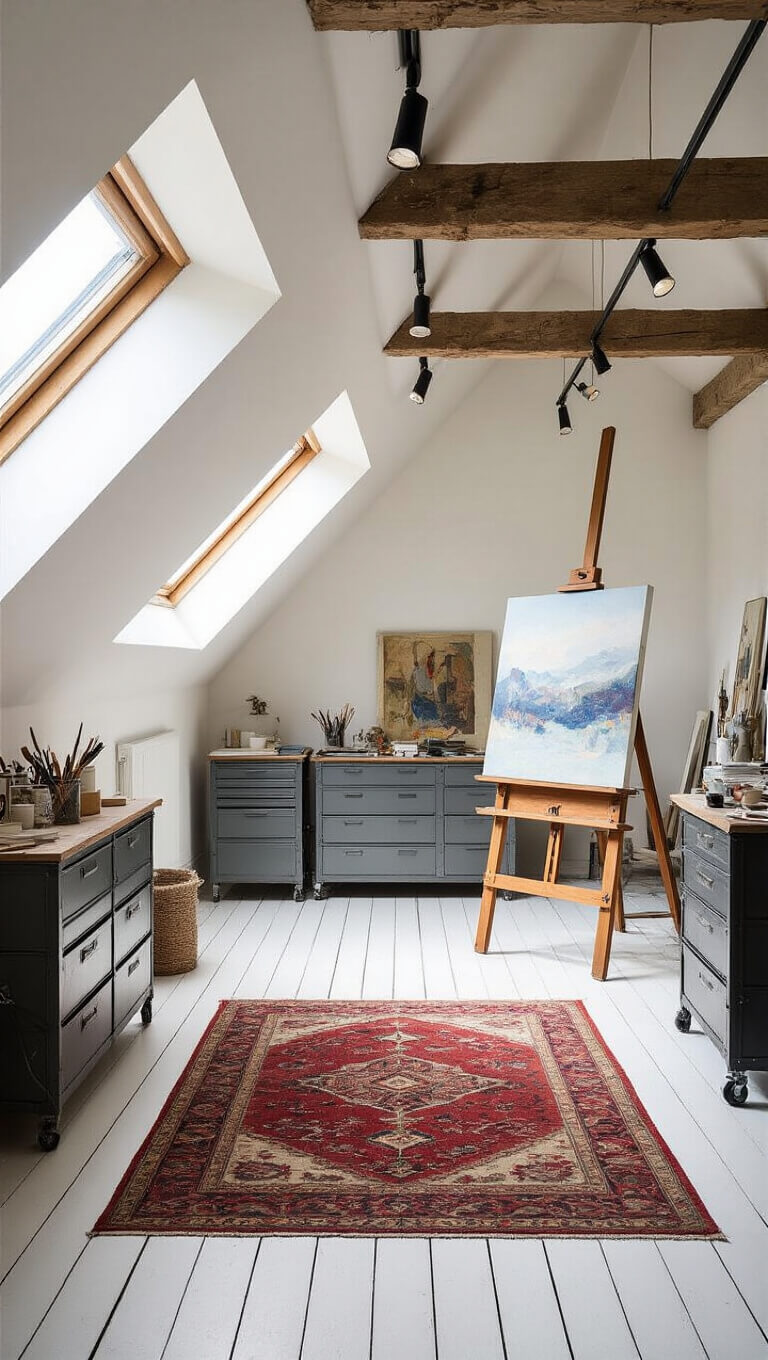 Artist's studio in a converted Victorian attic with exposed beams, modern white walls, vintage easel, industrial storage, Persian rug, and afternoon light streaming through dormer windows.