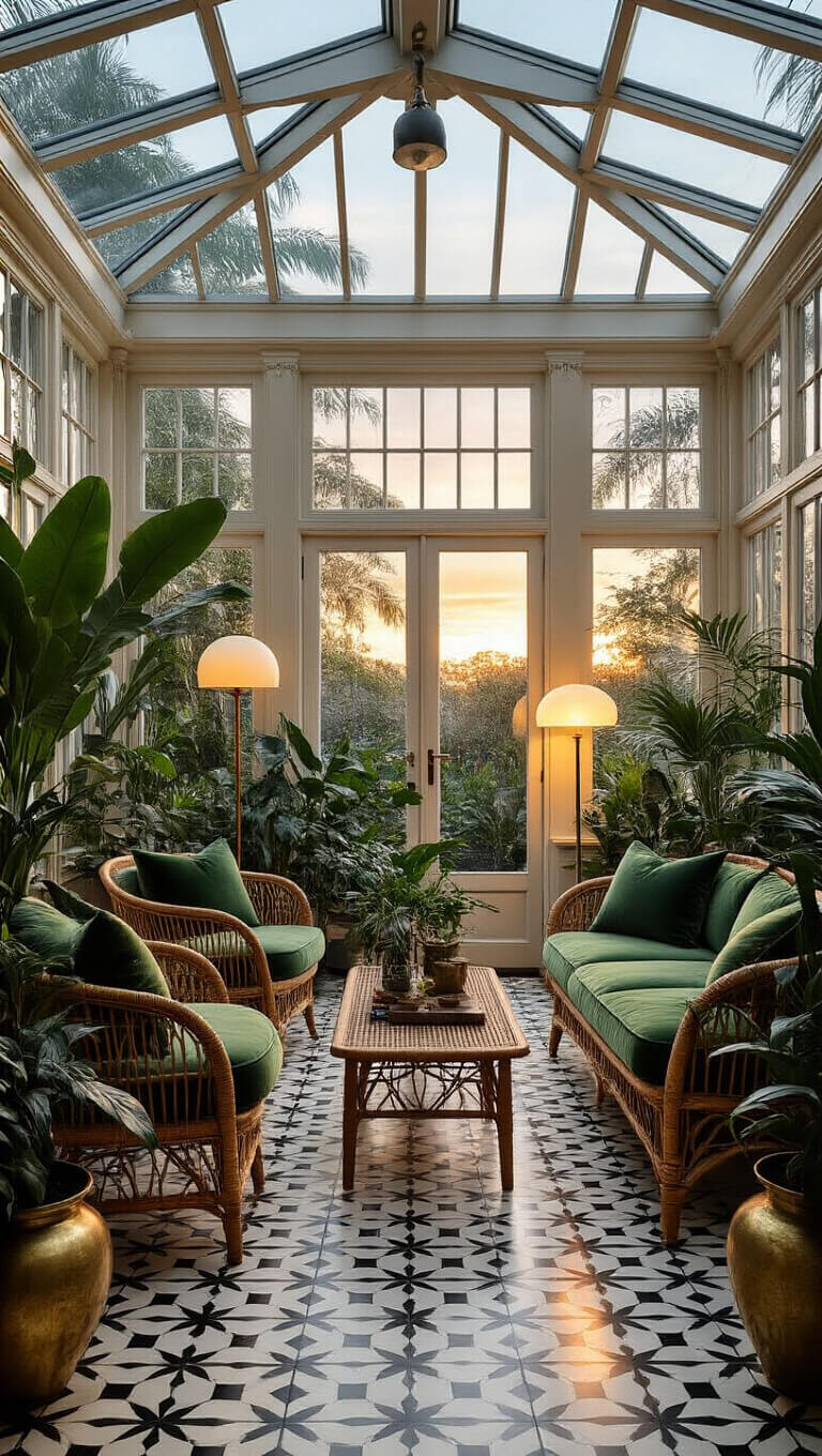 Modern lounge in Victorian conservatory at twilight with glass ceiling, mid-century and rattan furniture, brass planters, geometric tile floor, and lush plants in mixed lighting.
