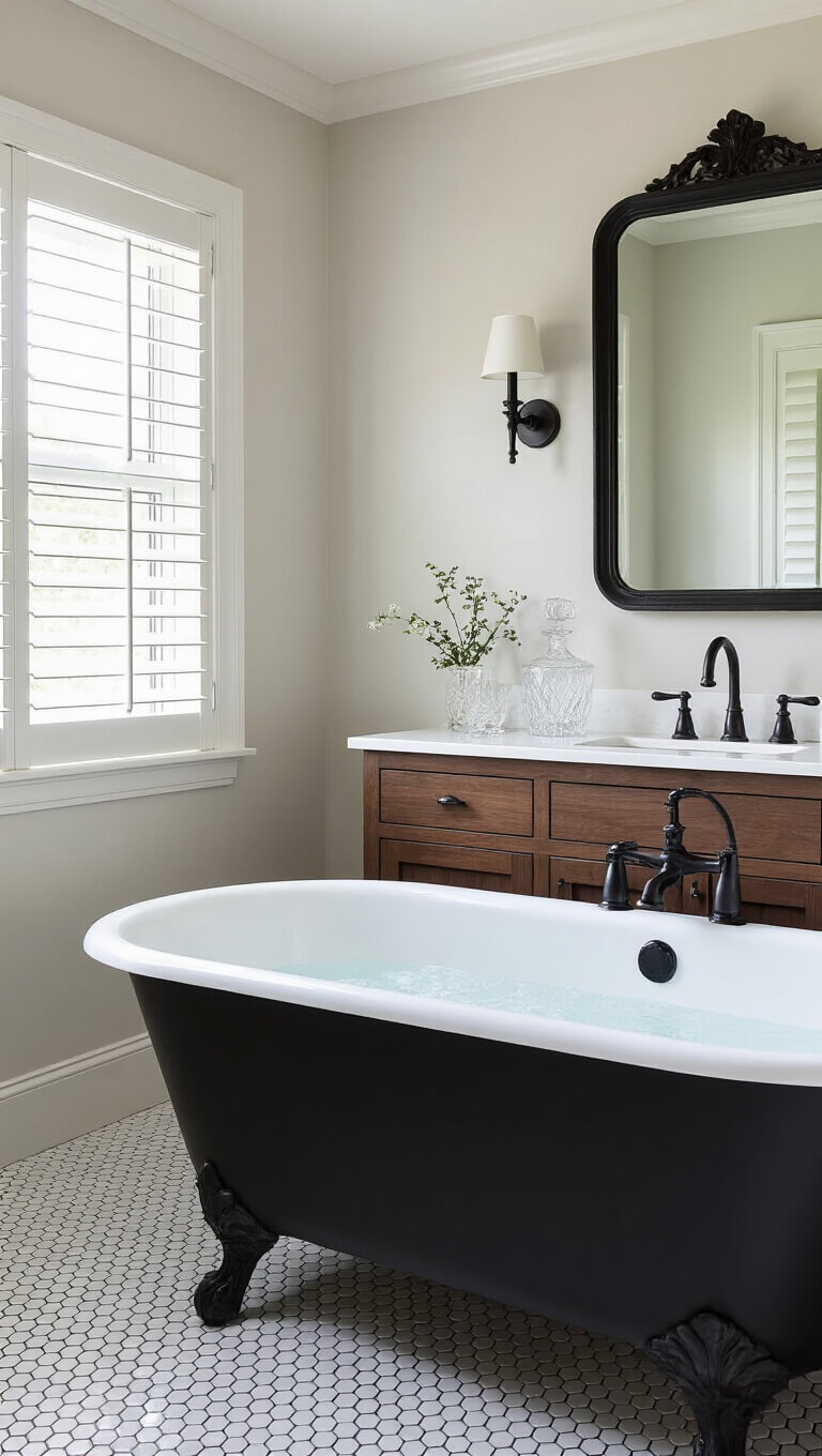 Serene master bathroom with matte black clawfoot tub, dark walnut floating vanity, Victorian mirror, penny tile floor, and filtered morning light.