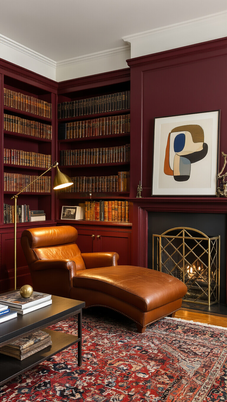 Cozy Victorian library corner with burgundy bookshelves, leather-bound books, cognac leather chaise, antique brass lamp, abstract art, Persian rug, and modern gas fireplace.