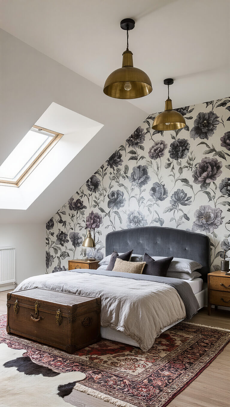 Converted attic bedroom with moody floral wallpaper, velvet headboard, vintage trunk nightstand, layered rugs, and soft early morning light.