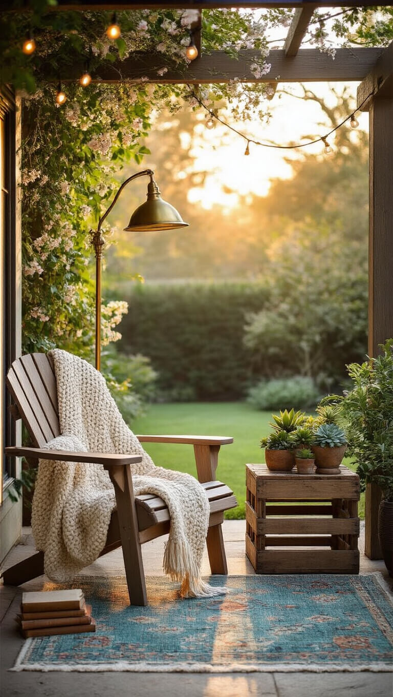 Cozy sunlit patio corner with teak Adirondack chair, vintage floor lamp, succulent-topped crate table, and string lights under jasmine-wrapped pergola at golden hour.