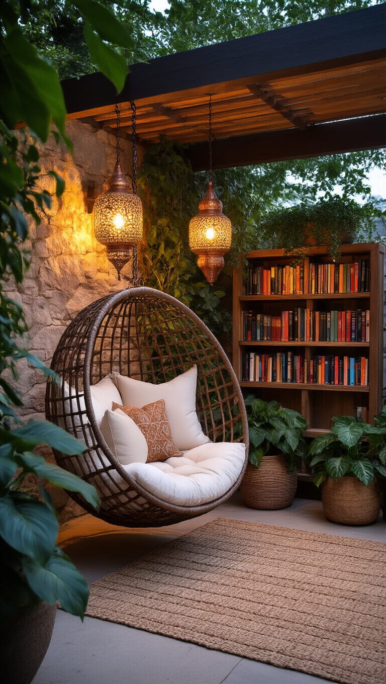 Cozy dusk patio nook with rattan egg chair, Moroccan lanterns casting shadows, lush plants, and warm layered textures.