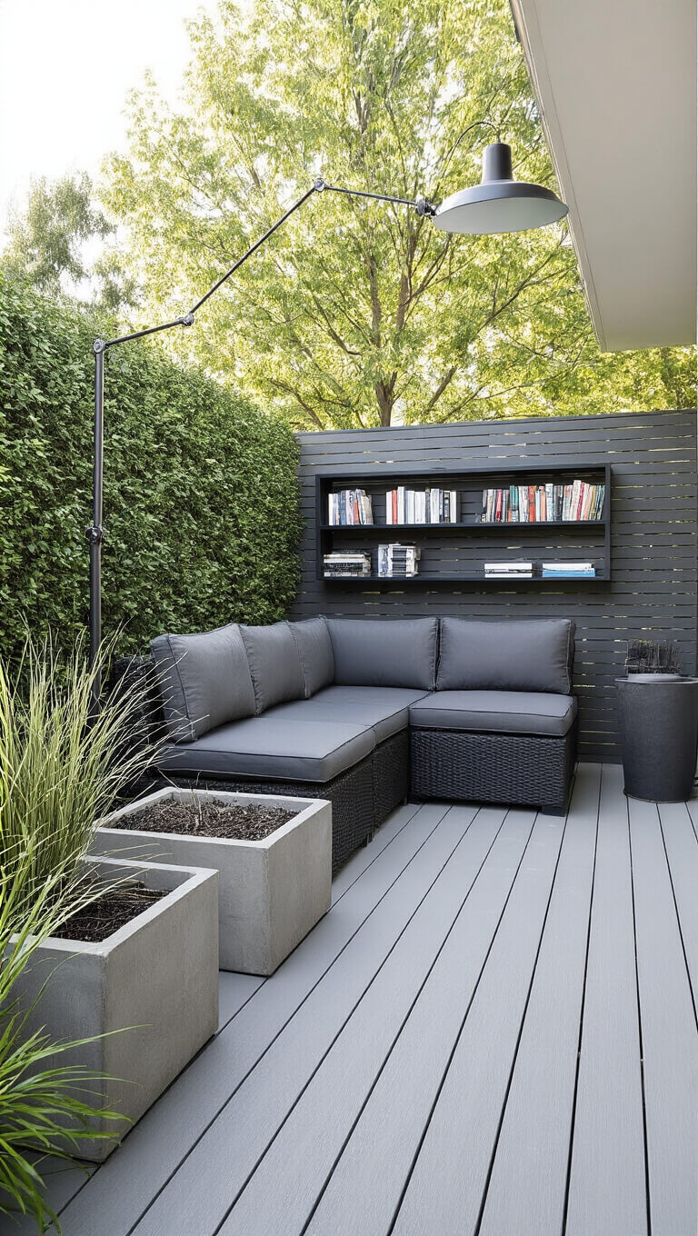 Modern 10x12ft patio with charcoal sectional, black floating shelves, industrial lamp, and geometric planters on gray-wash deck in morning light.