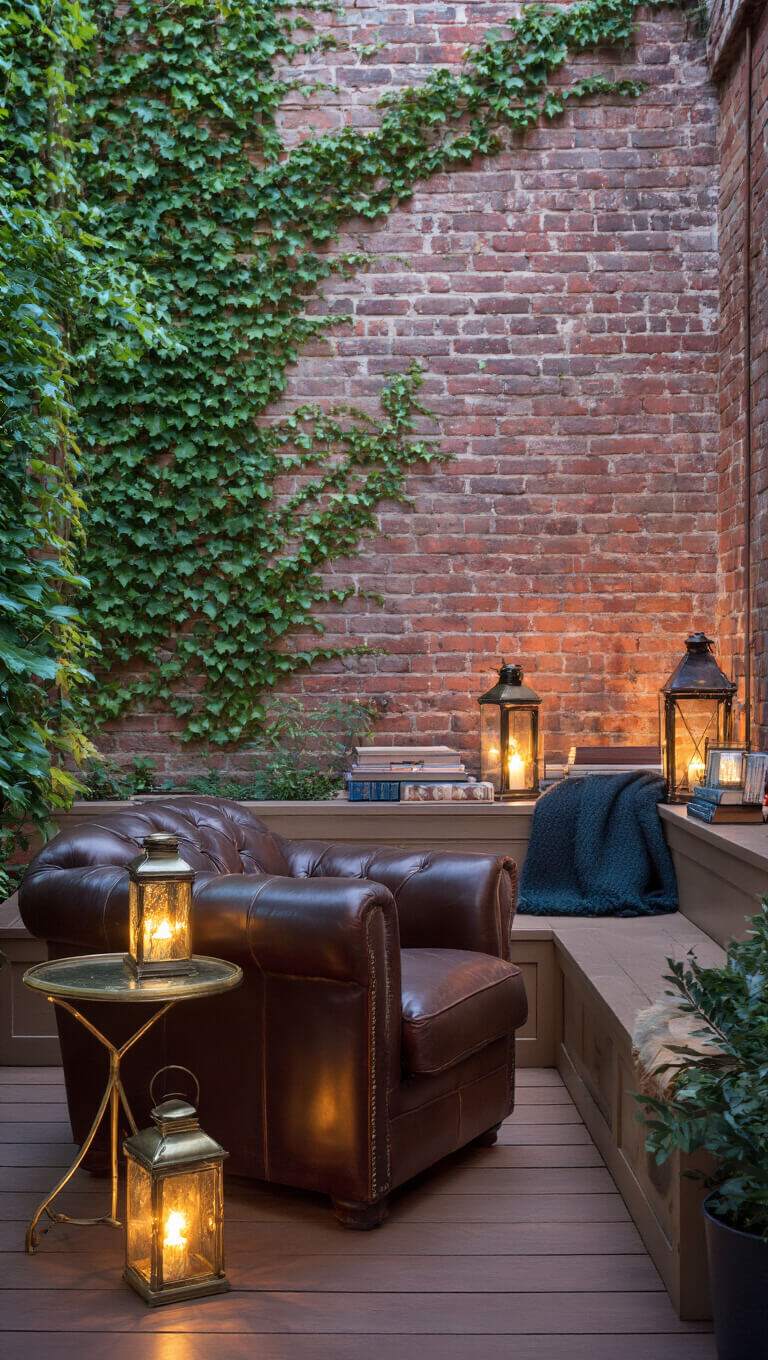 Cozy 7x9ft twilight veranda with vintage leather chair, brass table, lanterns, ivy-covered brick wall, and wool throws.