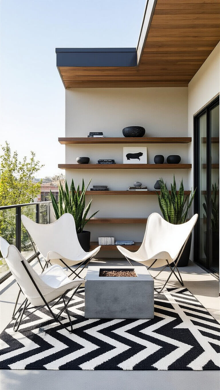Contemporary 9x11ft sunny terrace with butterfly chairs, concrete fire table, geometric rug, art-filled floating shelves, snake plants in black planters, and glass windscreens.