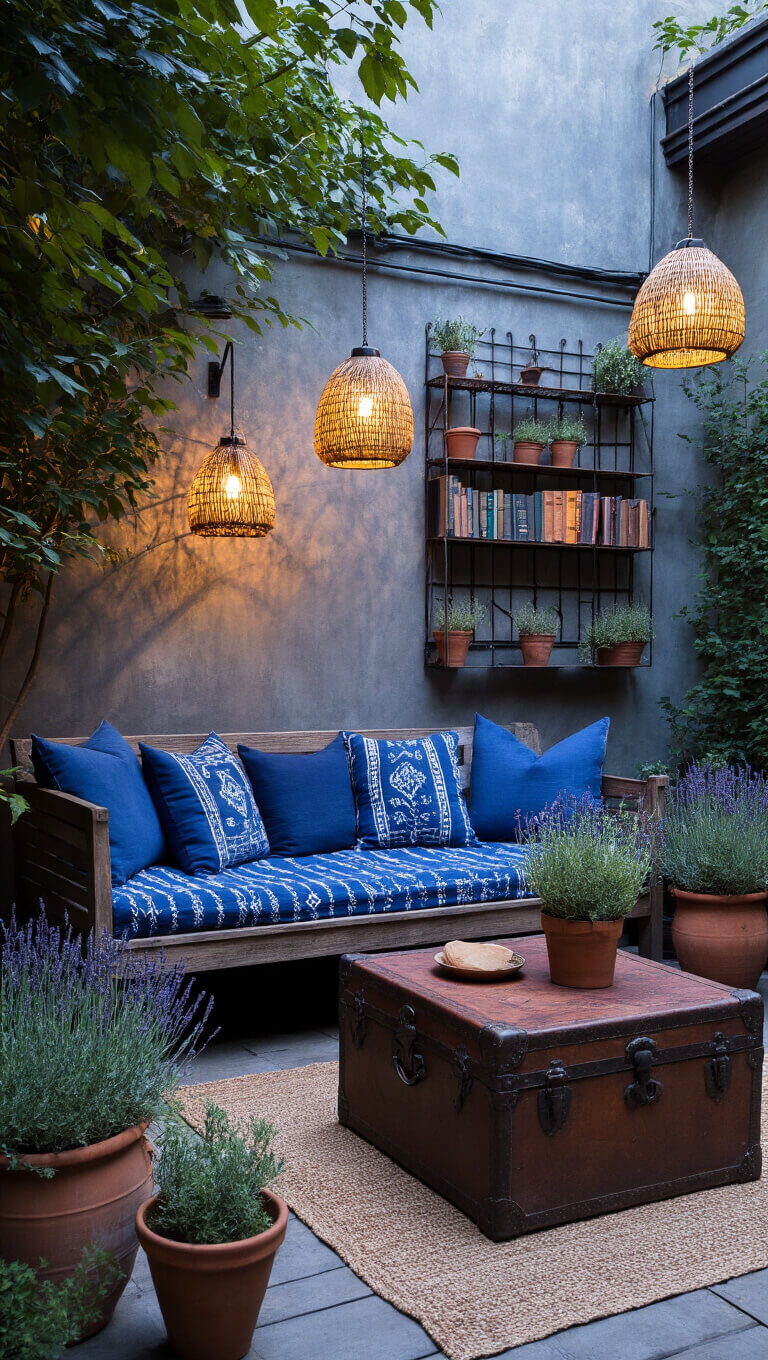Moody blue hour courtyard with rustic wooden daybed, indigo pillows, vintage trunk table, patina iron bookshelf, glowing woven pendants, and terracotta herb pots.