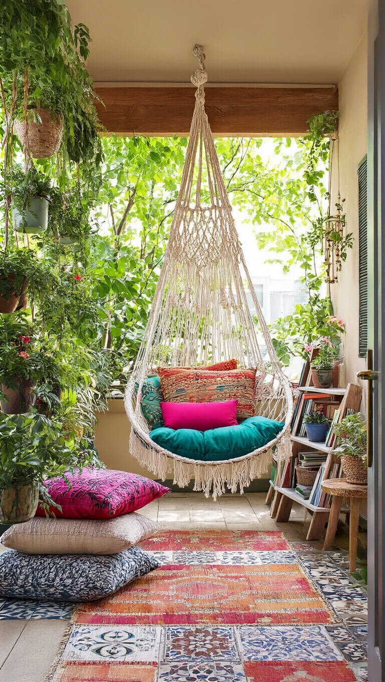 Bohemian balcony with macramé hanging chair, jewel-tone cushions, ladder shelf with plants and books, Moroccan tiles, and brass wind chimes.