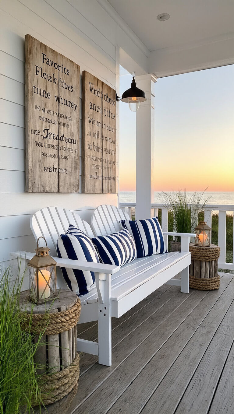 Coastal deck at sunrise with white Adirondack loveseat, navy striped cushions, rope side tables, glass lanterns, driftwood wall art, and swaying sea grasses.