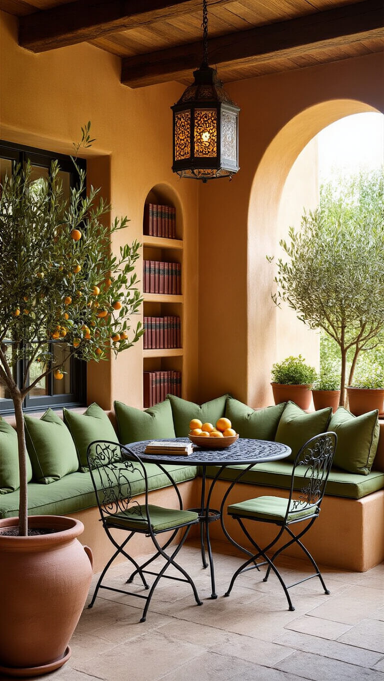 Mediterranean loggia with iron bistro set, stone bench with green cushions, terracotta shelves of books, citrus trees in ceramic pots, and pendant light, viewed through archway.