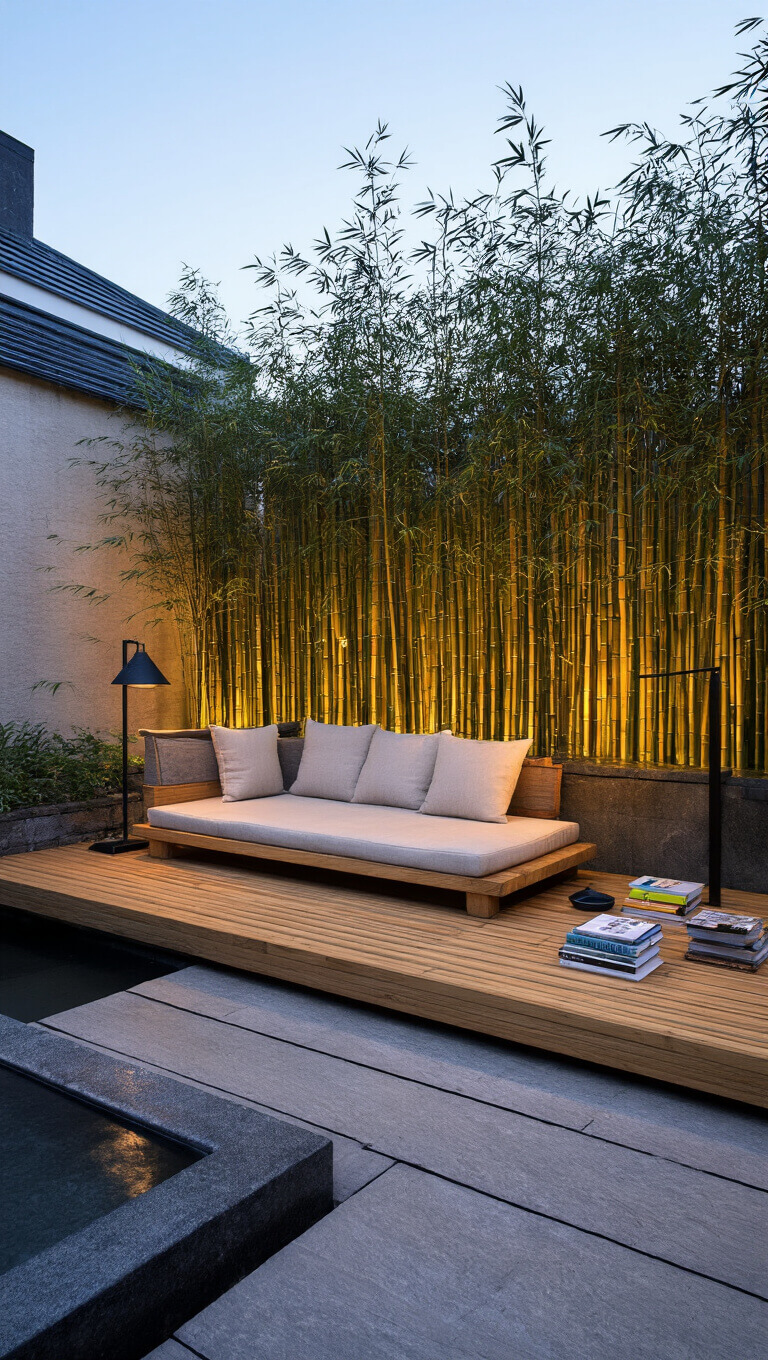 Serene Zen 8x9ft covered deck at dusk with bamboo daybed, paper-shade floor lamp, floating bench with books, stone water feature, and potted bamboo for privacy.