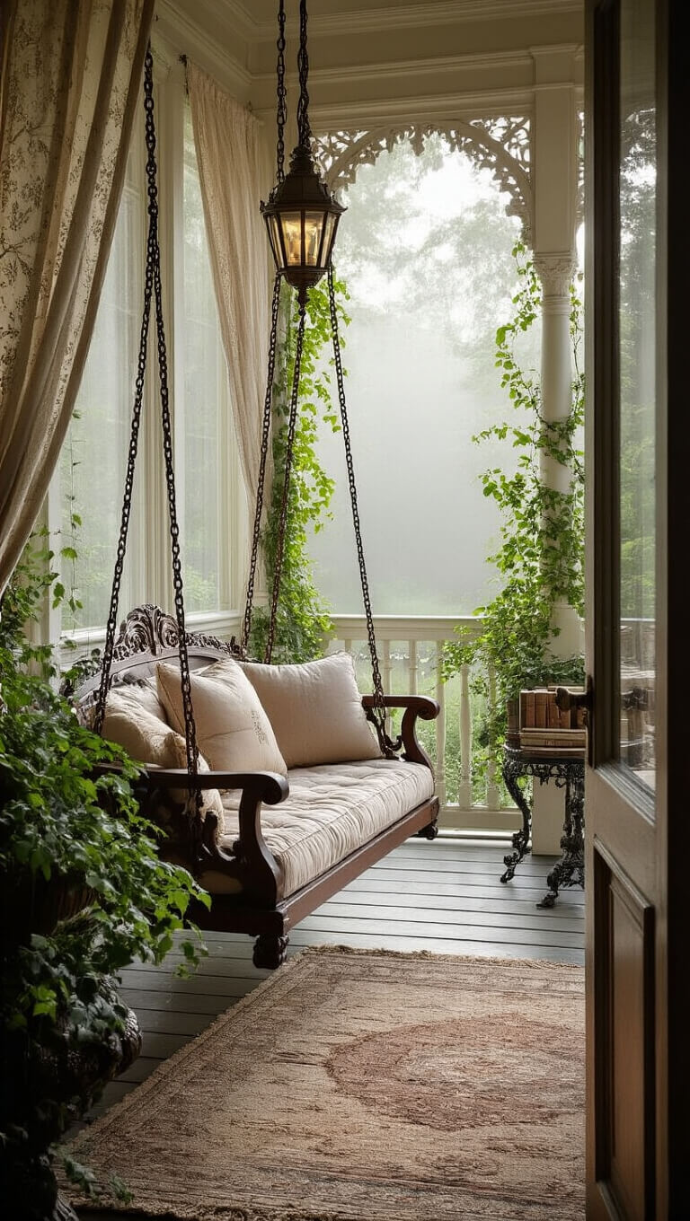 Victorian veranda with carved wooden swing, velvet cushions, antique lamp, vintage books, ivy on plant stands, seen through lace curtains in morning mist.