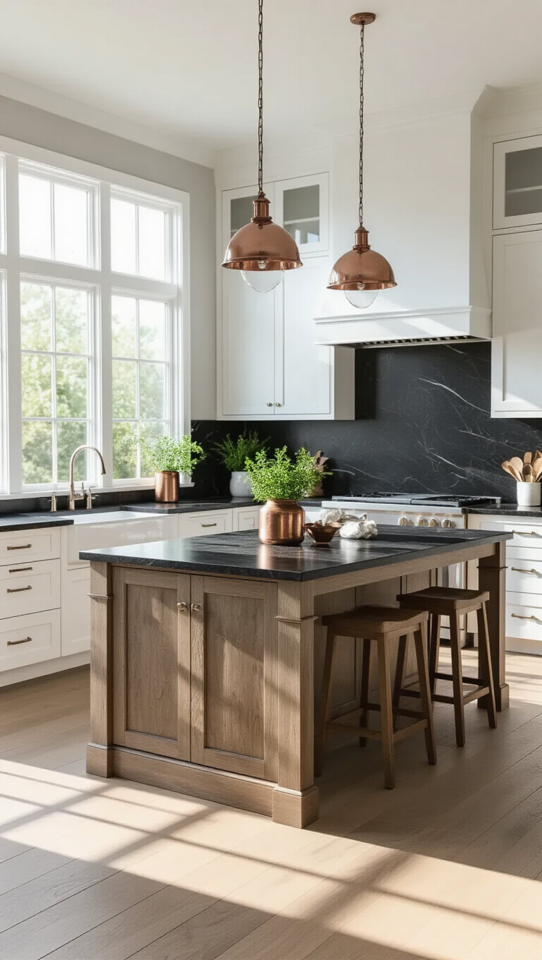 Bright transitional kitchen with white shaker cabinets, black granite countertops, weathered oak island, and floor-to-ceiling windows streaming morning light.