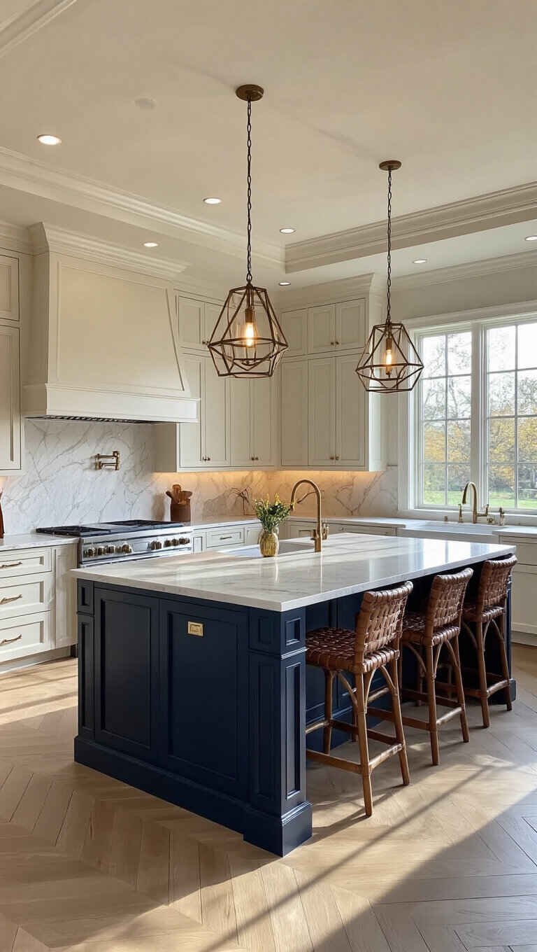 Low-angle view of elegant transitional kitchen with two-tone cabinets, quartz waterfall island, brass hardware, and geometric lighting at golden hour.