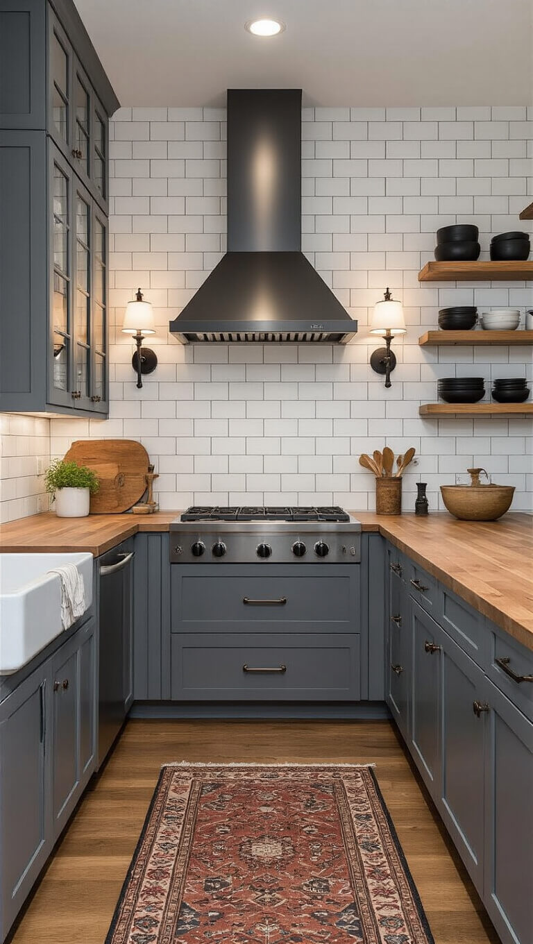 Intimate galley-style transitional kitchen with dove gray cabinets, white subway tile backsplash, butcher block counters, and vintage accents captured during blue hour.