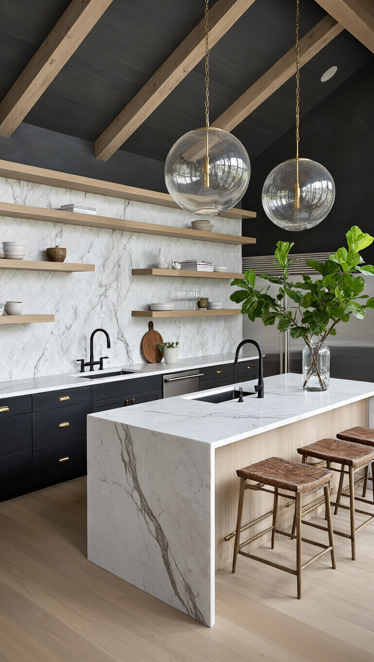 Sunlit transitional kitchen with vaulted ceilings, dark charcoal walls, white oak shelves, marble waterfall island, mixed metal accents, and a fiddle leaf fig.