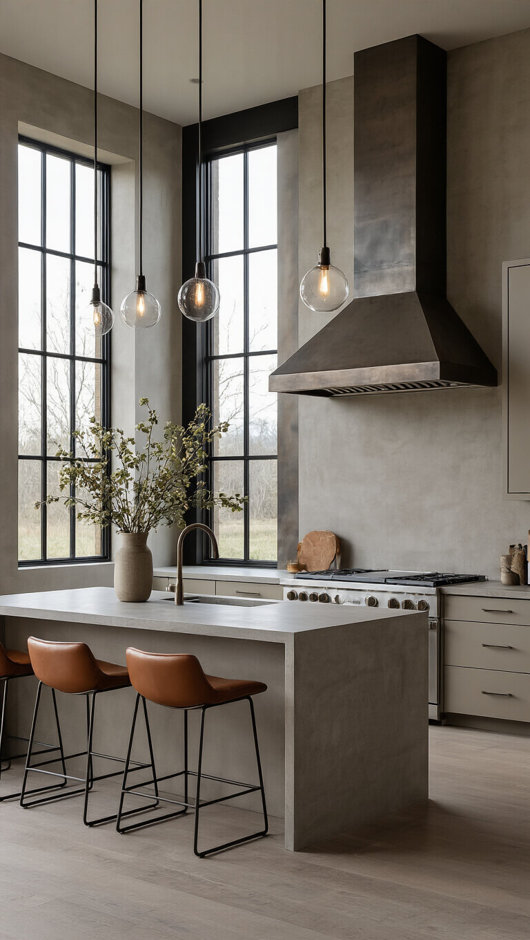 Modern transitional kitchen at dusk with greige cabinets, concrete countertops, steel-framed windows, and floating metal hood.