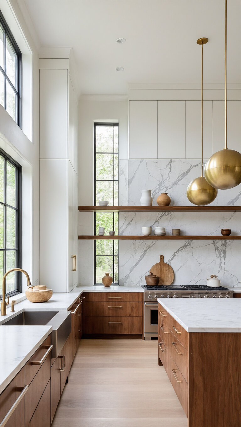 Contemporary transitional kitchen with double-height ceiling, clerestory windows, white and walnut cabinetry, marble slab backsplash, open shelving with ceramics, and brass globe pendants illuminated by natural light.