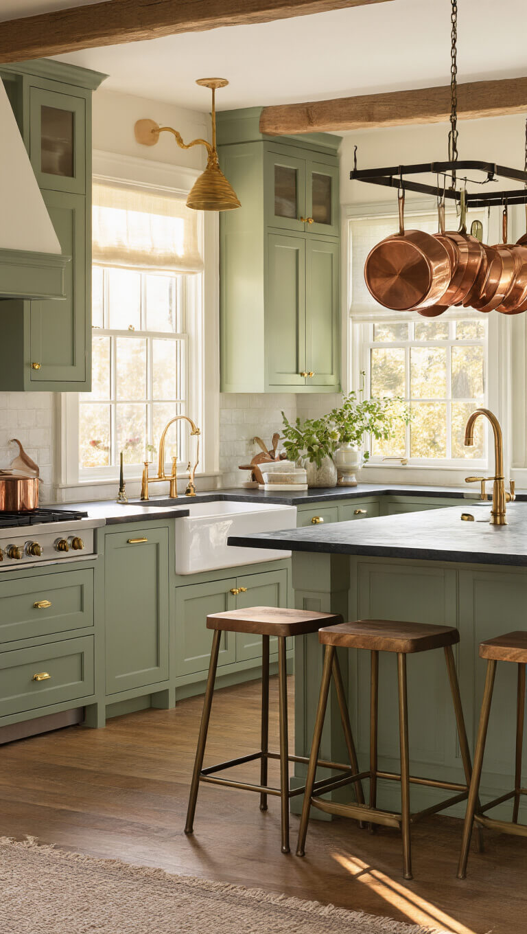 Sage green transitional kitchen at sunset with soapstone counters, farmhouse sink, copper cookware, and warm golden hour lighting.