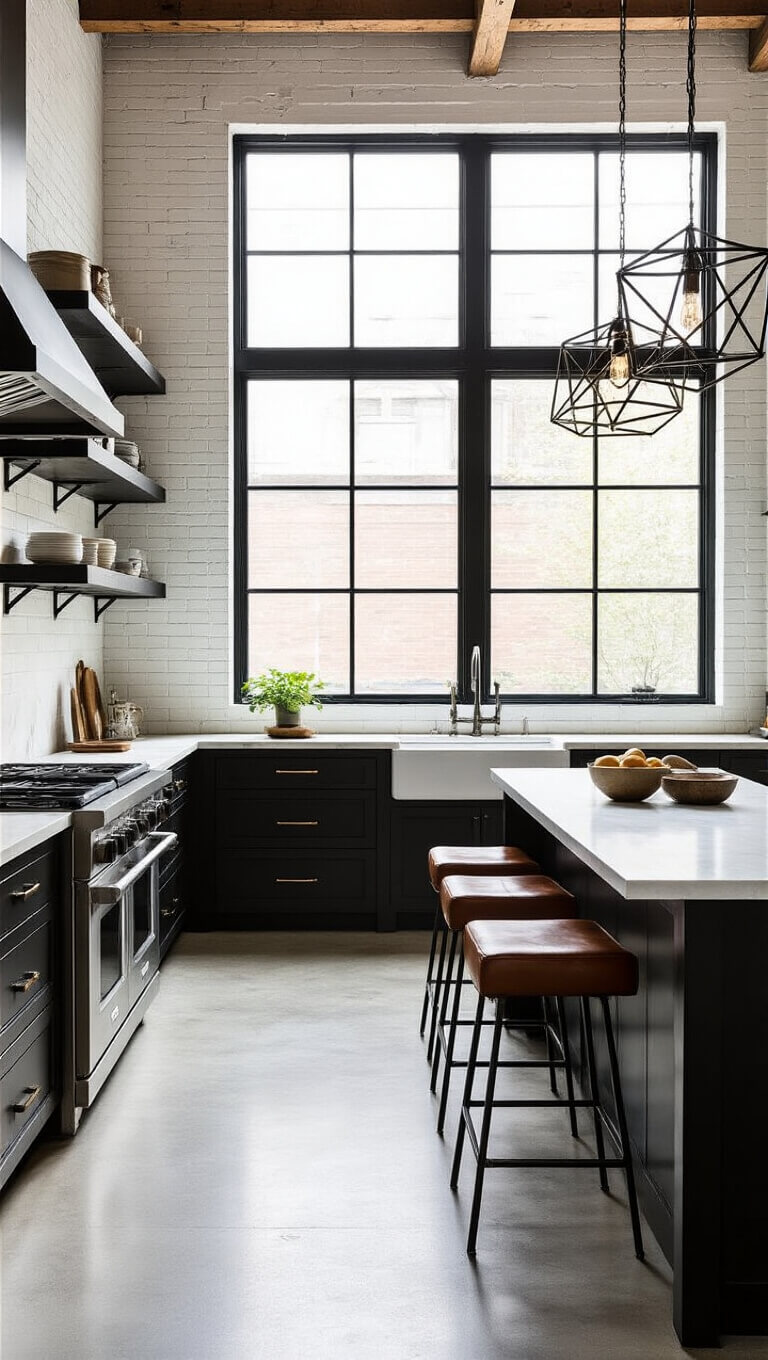 Urban transitional kitchen with quartzite island, black steel shelving, and geometric pendant lights in natural afternoon light.