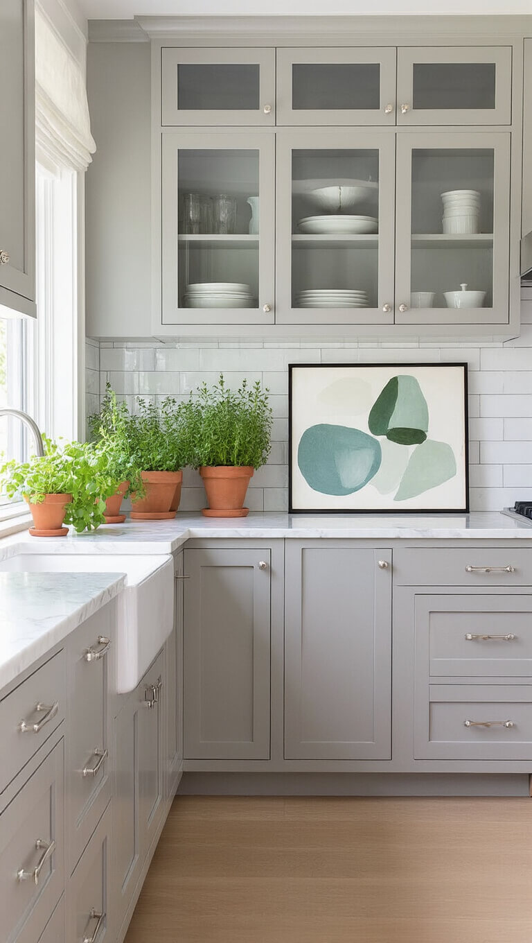 Compact transitional kitchen with pale gray glass-front cabinets, marble counters, subway tile, abstract art, and terra cotta herb planters in soft natural light.